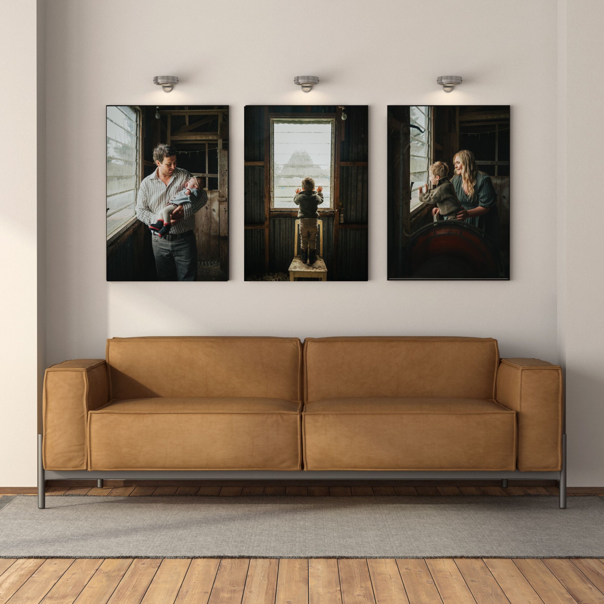 3 heirloom images on a wall displayed above a yellow couch