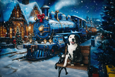 cute dog in Christmas setting waiting for a train wearing train driver hat
